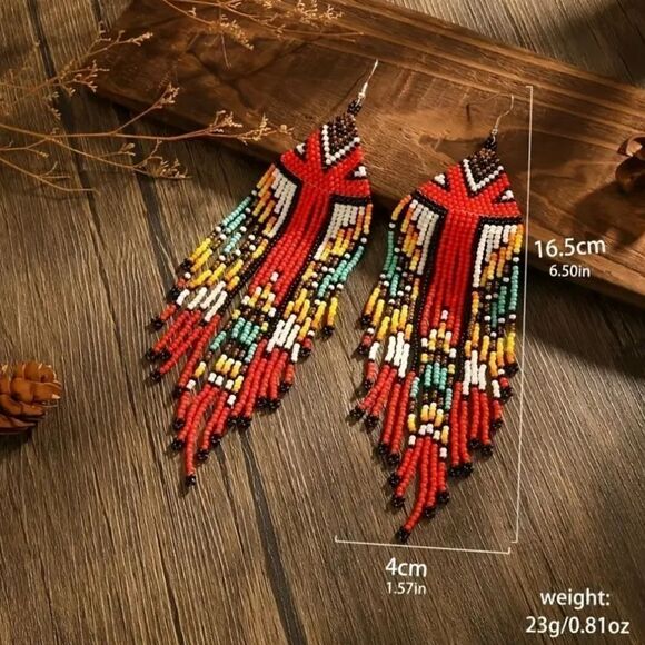 Handmade Native American-Style Beaded Tassel Fashion* Earrings Extra Long 1 pair - Picture 6 of 17